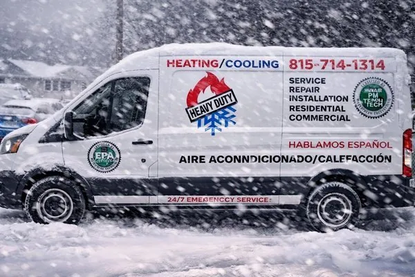Heavy Duty van on a winter emergency HVAC call in Joliet IL